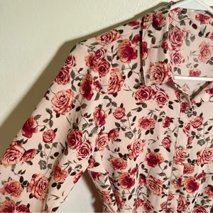 Women's‎ Button Down Shirt Dress Light Pink Rose Floral Belted Long Sleeve Roll thumbnail 6