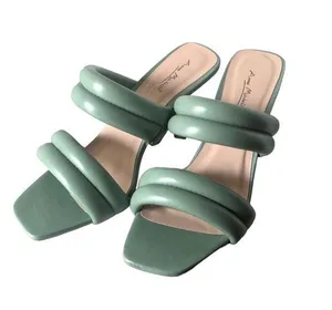 NEW Anne Michelle Mint Green Square Toe Puffer Slip On Sandal Heel thumbnail 1