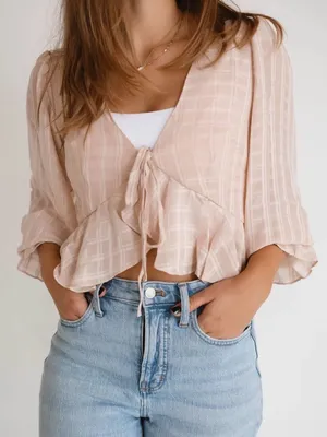 Mable Blush Beige Plaid Tie Front Peplum Blouse Medium thumbnail 1