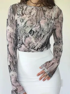 Open Edit Sheer Marble Print Long Sleeve Top thumbnail 1