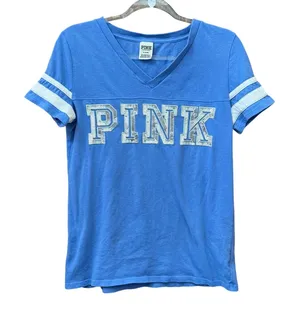 Pink Victorias Secret Sequin Logo Varsity Tee Size Medium Casual Retro Style thumbnail 1