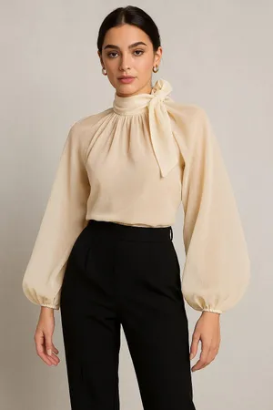 nasty gal glass fabric high neck tie back blouse cream French romance thumbnail 1