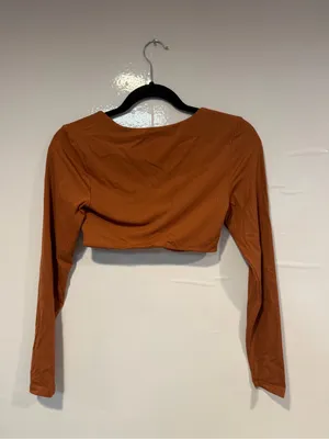 Rust Aerie Curve Hem Ribbed Long Sleeve Cropped Top‎ thumbnail 3