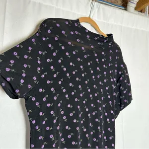 Vintage‎ Tall Girl Semi Sheer Black w/ Purple Daisy Flowers High Neck Midi Dress thumbnail 6