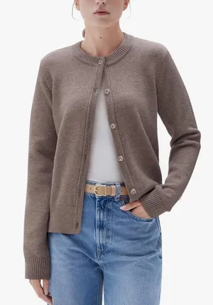 SUUKSESS Women S Camel Cashmere Blend Cardigan Sweater Gold Buttons Quiet Luxury thumbnail 1