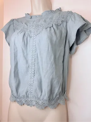 Mine Dusty Blue Lace Trim Blouse Short Sleeve Ruffle Neck Boho Women’s M thumbnail 7