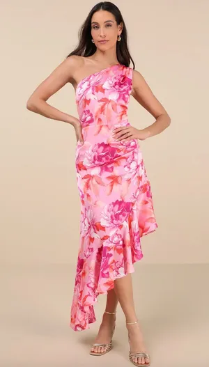 Lulus Divinely Blooming Pink Multi Floral One-Shoulder Midi Dress Party XS NWT thumbnail 1
