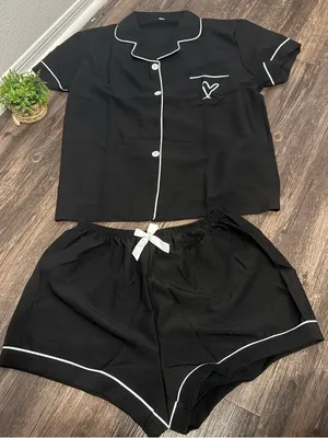 SHEIN Black Short Sleeve Button Pajama Set with White Piping thumbnail 1
