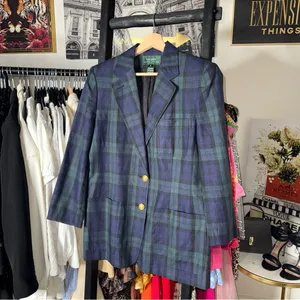 Lauren Ralph Lauren 10 Blue Green Tartan Plaid Linen Blazer Gold Crest Buttons thumbnail 4
