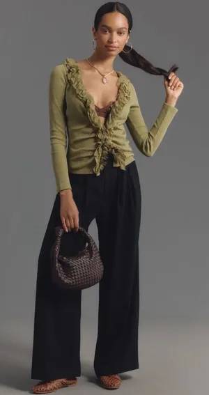 Anthropologie Ruffled and Laced Cardigan Top Sage Green Small thumbnail 1