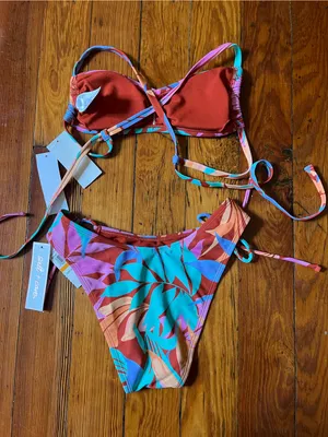 Salt + Cove Multicolor Tropical Leaf Bikini in Pink, Teal & Orange thumbnail 8