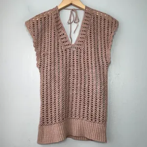 Say What Size Small Taupe Tan Boho Open Knit Crochet Sweater Top Y2K Hippie thumbnail 3