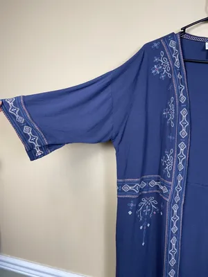 Knox Rose Women’s Boho Embroidered Cross Stitch Blue Kimono Cardigan thumbnail 4