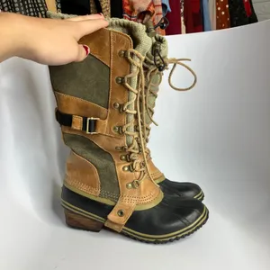 Sorel Conquest Carly tall boots tan olive green women's size 7.5 trendy winter‎ thumbnail 2