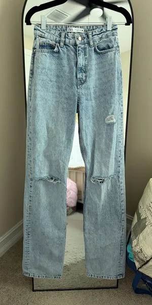 Zara Light Blue Distressed High-Rise Straight Jeans thumbnail 1