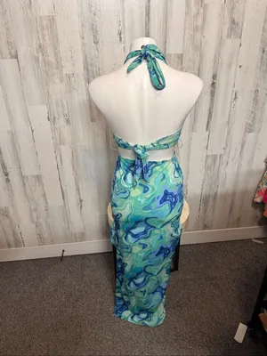 Haute Monde Cutout Maxi Dress Womens Small Blue Green Swirl O-Ring Halter Neck thumbnail 9