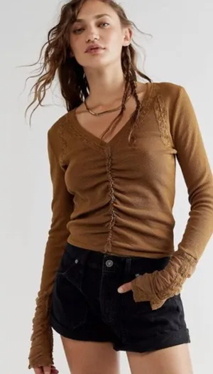 Free People Wear Me Out Brown Waffle Knit Ruched Mesh Sleeve Top Small thumbnail 1