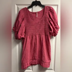 Free People Elsie Linen/Cotton Blend Pink Puff Sleeve Tunic Top Size Small thumbnail 3