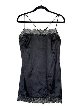 Meshki Satin Lace Trim Black Slip Mini Dress NEW Size Large thumbnail 1