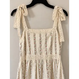 Cream Floral Cotton Maxi Dress Lace Tie Cottagecore Tiered Ruffle M thumbnail 7