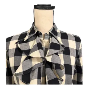 Lauren Ralph Lauren Womens Black Cream Buffalo Plaid Ruffle Button Down Top Sz M thumbnail 2