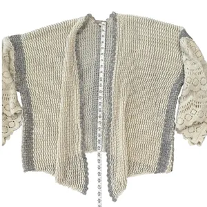 Anthropologie Crochet Bell Sleeve Cardigan Cream Gray Boho Oversized Knit thumbnail 4