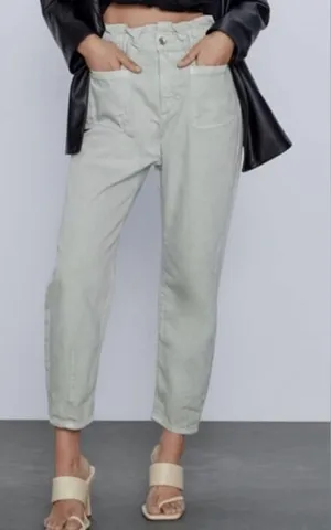 Zara Light Green cropped Paper Bag elastic waist jeans with front pockets Size 2 thumbnail 1