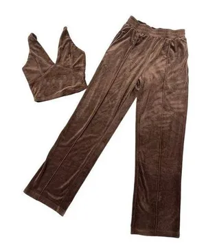 NIA - V Neck Sleeveless Velour Tank & Wide Leg Pants in Chocolate Brown thumbnail 1