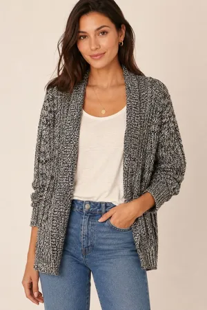 Anthropologie Oversized Black‎ White Marled Cardigan XS thumbnail 1