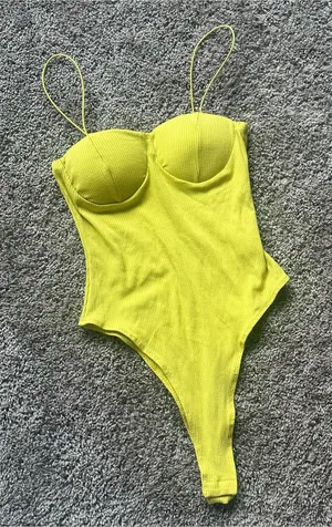 Timing Lime Ribbed Bodysuit with Built-In Cups and Spaghetti Straps thumbnail 1
