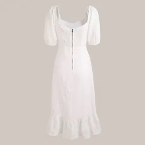 Rihoas Puff Sleeve Split Hem Midi Dress White thumbnail 3