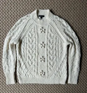 J Crew Cream Cable Knit Pointelle Sweater Popcorn Flower Bauble thumbnail 1