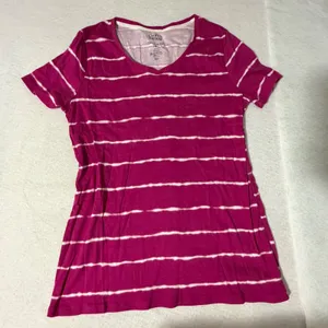 Croft & Barrow Womens Magenta Pink White Striped Tie Dye V-Neck Cotton Tee M thumbnail 1