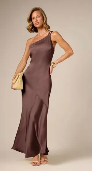 SheIn Long brown silky wedding guest dress thumbnail 1