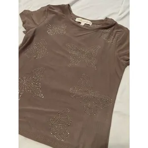 Madden Girl Brown Rhinestone Butterfly Mesh Top Small Y2K Fairy Grunge Sheer Tee thumbnail 2