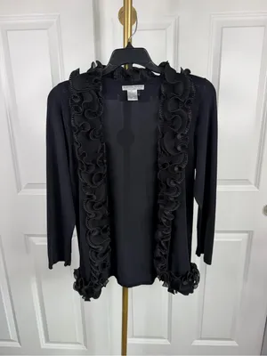Alberto Makali Size L Black Ruffle Open Front Cardigan Sweater NWOT thumbnail 2
