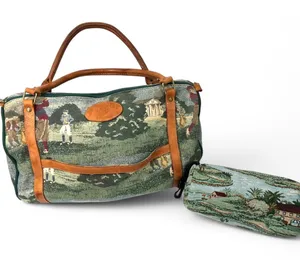 Vintage 90's Golf Golfer Tapestry Leather Small Duffle Bag w/ Matching Pouch thumbnail 1
