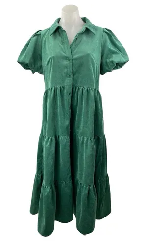Crown & Ivy Women's Green Short Puff Sleeve Button Up Tiered Midi Dress Size M thumbnail 1