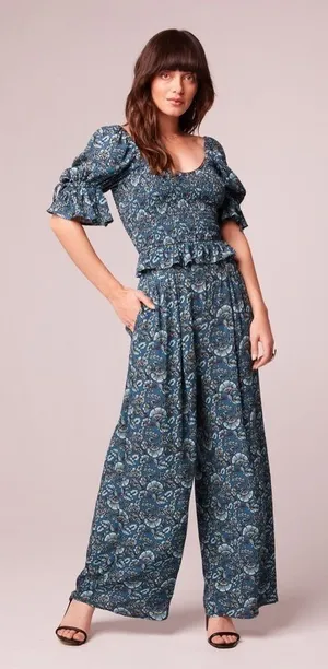 Band of the Free Elise Teal Floral Boho High Waist Wide Leg Pants Size Med NWT thumbnail 1