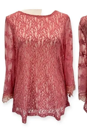 Sheer Mauve Mixed Lace Bell Sleeve Top Eyelash Fringe Gimmicks by BKE Fairy Boho thumbnail 1