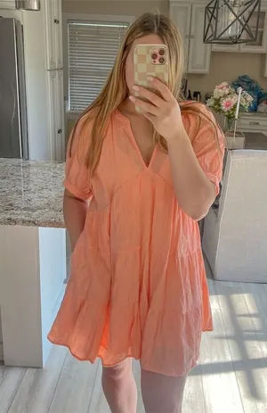 Universal Threads Women's Babydoll Dress Peach Size L Short Sleeve V-Neck… thumbnail 1