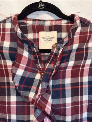 Abercrombie & Fitch Red Navy Plaid Ruffle Button-Down Shirt XS cotton thumbnail 2