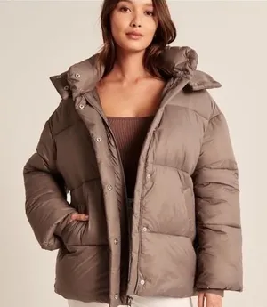 Abercrombie & Fitch Womens Taupe Hooded Oversized Puffer Jacket Coat Size‎ S thumbnail 1