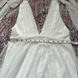 NWT One and Only Collective Tie Shoulder Mesh Tulle Dress Deep V Midi White Gown thumbnail 13