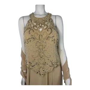 1990s Miss New York Gold Beaded Formal Gown Set Cutout Maxi L-XL thumbnail 3