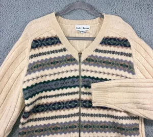 Vtg Croft & Barrow‎ Sweater Women XL 100% Wool Knit Zip Front Striped Beige thumbnail 1