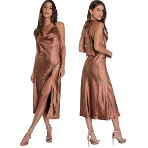 Lulus Sophisticated Impression Brown Satin Backless Cowl Midi Dress size L NWT thumbnail 2