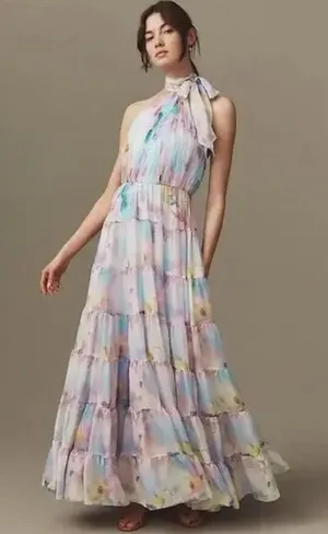 NWT Mac Duggal Floral Print Asymmetrical Halter‎ Neck Tiered Gown thumbnail 1