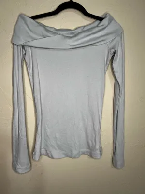 Pilcro Anthropologie Off The Shoulder Light Blue Micro Ribbed Long Sleeve‎ Top thumbnail 3