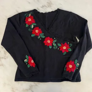 Black Poinsettia Embroidered‎ Long Sleeve V Neck Ugly Christmas Sweater Women thumbnail 1